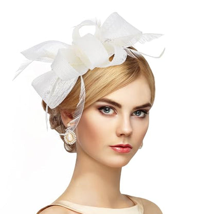 Zinniday Victoria Tea Party Hat - 2025 Bow Derby Attire Hats with Hairpin,1920s 50s Feather Fascinators for Women - color: Beige