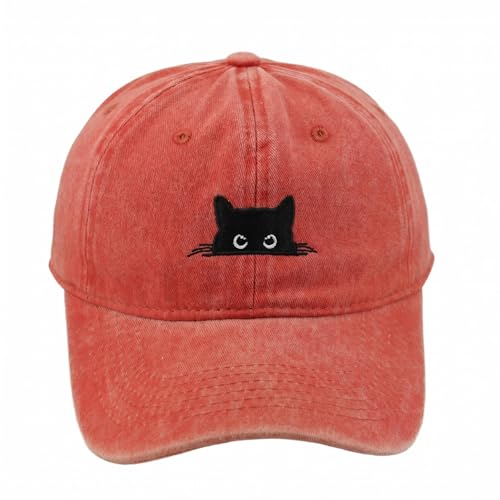Peeking Black Cat Embroidered Washed Baseball Cap, Adjustable Vintage Dad Hat for Cat Lovers Unisex - color: Orange