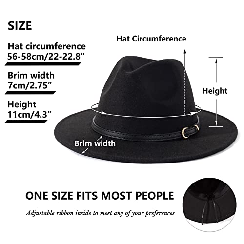 Lisianthus Women Classic Felt Fedora Wide Brim Hat with Belt Buckle - color: Q Black Belt-black