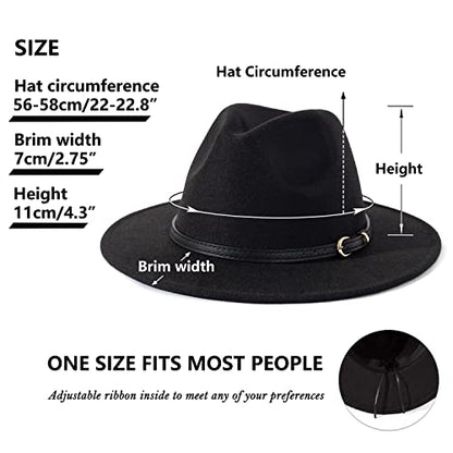 Lisianthus Women Classic Felt Fedora Wide Brim Hat with Belt Buckle - color: Q Black Belt-black