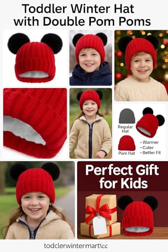 Toddler Winter Knit Hat Upgrade Fleece Lined Pompom Ears Beanies Cap for Boys Girls 3-12 Years - color: Red Black
