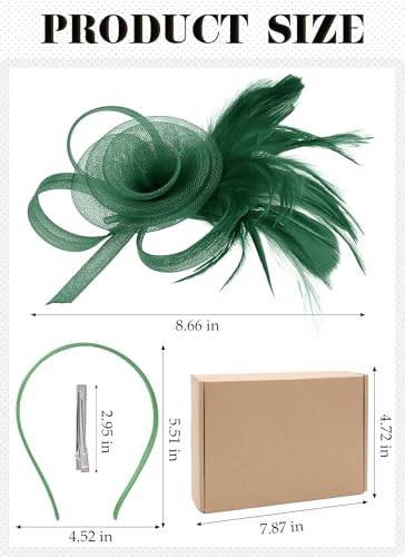 Zinniday Victorian Feather Fascinators Hats - 2025 Derby Attire Headwear with Hairpin,1920s Tea Party Hat for Woman - color: Green