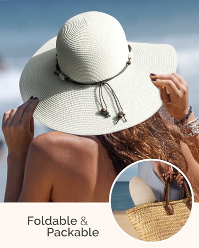 Womens Floppy Straw Sun Hat Wide Brim UPF 50 Sun Protection Packable Summer Beach Hats with Wind Lanyard - color: Ivory, size: Medium