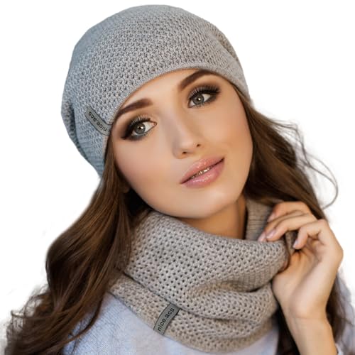 Hat and Scarf Set for Women – Knit Winter Beanie Fleece Lined Neck Warmer – Wool Double Layer Cap - color: Grey