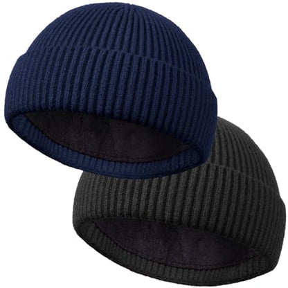 ROYBENS Short Wool Fisherman Beanie for Men Women Knit Fleece Lined Beanies - color: 2pcs-black+navy Blue