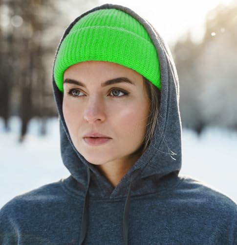 Fisherman Short Beanie Leon Roll up Trawler Classic Skullcap Hipster Beanie Warm Winter Hats Acrylic Ribbed Knit Cuff Daily - color: Neon Green