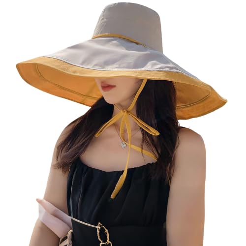 HUAMULAN Women Summer Vacation Wide Brim Sun Hat Reversible Fishing Hats - color: Yellowbeige