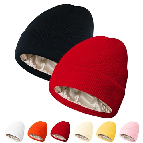 PFFY Womens Satin Lined Beanie Silk Lining Winter Hats Beanies for Women - color: Black+red