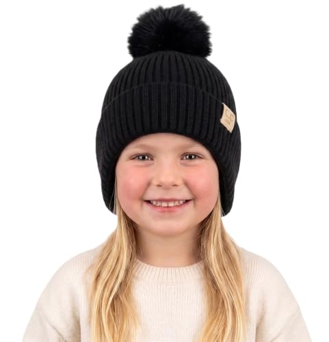 C.C Kids Ear Flap Fur Pom Beanie for Boys Girls - Comfortable Soft Warm Children Youth Knit Skully Hat with Faux Fur Pom - color: Black