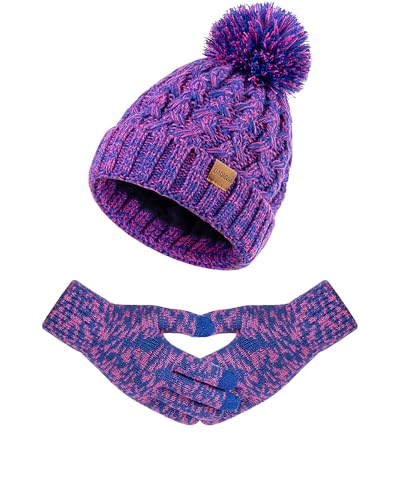 Women Winter Beanie Hat Gloves Set Pom Hat with Warm Fleece Lined Touchscreen Gloves for Cold Weather - color: Deep Purple