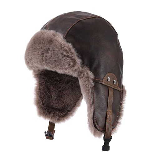 Faux Fur Trapper Hat Womens Winter Hats with Ear Flaps Leather Ushanka Russian Hat for Men Cossack Hunter Ski Caps - color: Mg-lfm25119-coffee