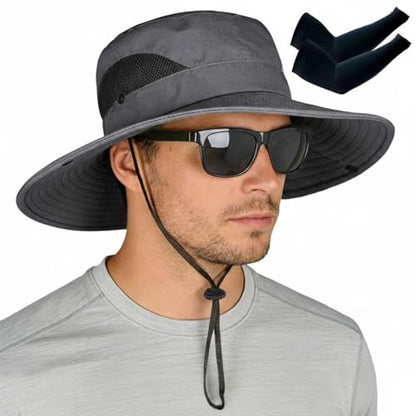 ZOORON Sun Hats for Men Women, Wide Brim Safari Hats UV Protection UPF50+ Waterproof Boonie Hats for Fishing Hiking Camping - color: With One Pair Cooling Sleeves-1pack-darkgray
