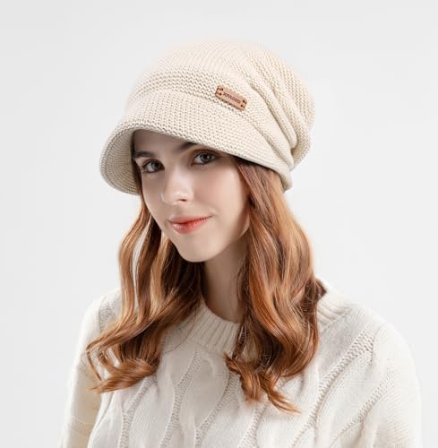 Womens Winter Beanie Hat,Fleece Lining Warm Knitted Slouchy Beanie Hats Cap with Visor - color: Beige