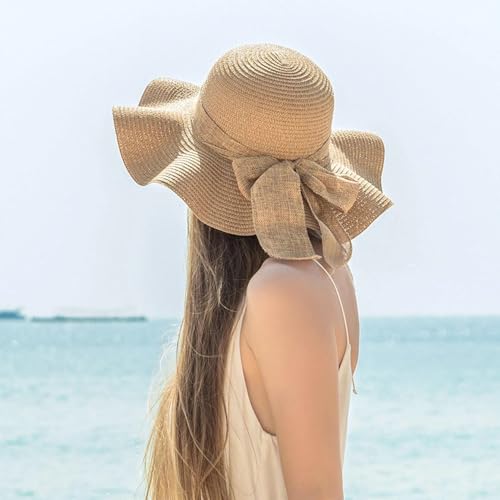 Women Floppy Sun Hat with Wide Brim, Foldable Roll-Up Straw Beach Hat Summer Hat for Travel - color: Khaki