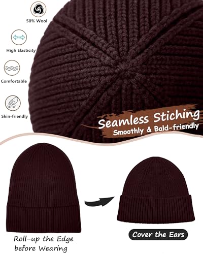 Wool Beanie for Men Women, Seamless Knit Cuffed Warm Winter Hats - color: 1pcs-dark Coffee