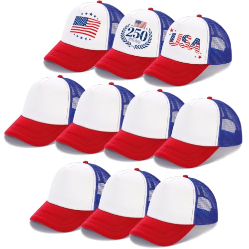 Ultrafun 10 Pack Trucker Hat Mesh Sublimation Blank Hats Adjustable Baseball Caps Hats for Men Women - color: Red Blue White