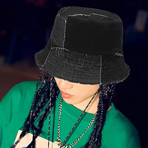 XYIYI Unisex Denim Washed Cotton Bucket Hat Vintage Beach Sun Hat - color: Denim Black