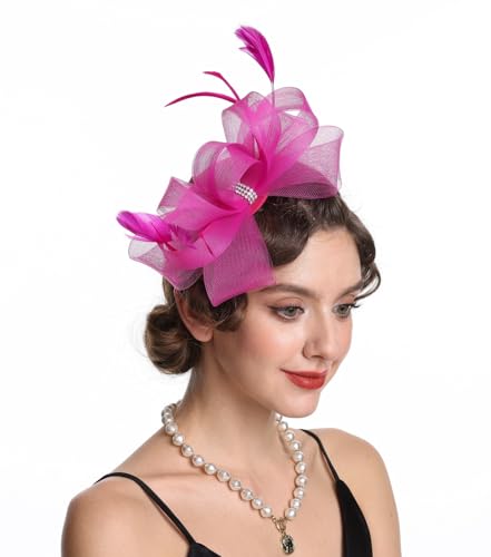 SAFERIN Elegant Women's Fascinator Hat with Veil and Feather Hair Clip Headpiece for Weddings Tea Party - color: St09-rose Red