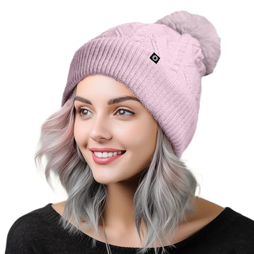 DALIX Cable Knit Pom Beanie Soft Stretch Skully Warm Fuzzy Faux Sherpa Winter Ski Beanie - color: Orchid