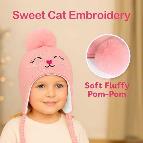 Toddler Girls Cat Ear Winter Hat Warm Knit Beanie Kids Earflap Cap for Cold Weather - color: Z - Pompom Style Purple