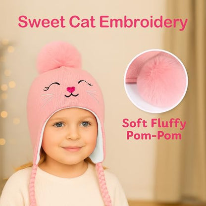 Toddler Girls Cat Ear Winter Hat Warm Knit Beanie Kids Earflap Cap for Cold Weather - color: Z - Pompom Style Purple
