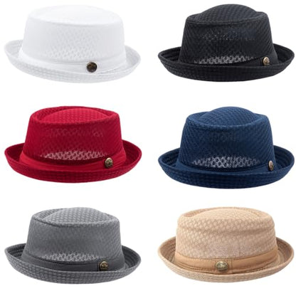 Straw Mesh Pork Pie Hat,Men Summer Fedora,Lightweight Bowler Flat Top - color: White+black+red+navy Blue+drak Grey+coffee