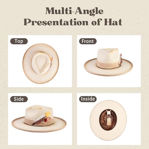 Vintage Pencil Brim Fedora Hats 100% Wool Felt Hat Panama Rancher Hat with Lightning Logo Handmade Distressed/Burned - color: Ivory Trail, size: 7 3/8