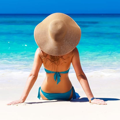 DRESHOW Big Straw Sun Hats for Women Floppy Foldable Roll up Beach Cap Sun Hat UPF 50+ Vacation Honeymoon Embroidered Hat - color: 1 Pack Medium Size: Khaki (Head Circumference 22-22.8")
