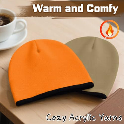 ZOORON Reversible Skull Caps for Men Women Reversible Beanie with -Double Side Warm Winter Fisherman Beanie - color: A-2pack-black/Orange+black/Beige