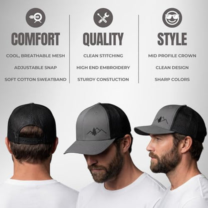 LINDO Trucker Hat [ Great Outdoors Design ] for Men and Women: Mid Profile Cap with Breathable Mesh Back and Adjustable Snap - color: Gray/Black