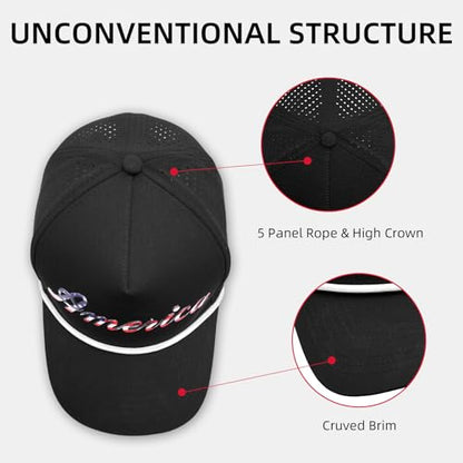 MATSUBA America Script & Flag Hat - Comfortable PVC Curved 5 Panel Rope Hat with Breathable Snapback