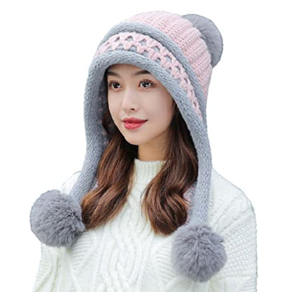 HUAMULAN Women Winter Peruvian Beanie Hat Ear Flaps Fleece Lining - color: Pink Grey