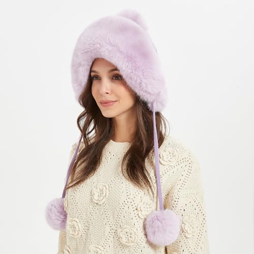 Winter Hats Cute Kint Hat Russian Fur Crochet Hat Slouchy Beanies with Pompom Warm Fuzzy Snow Cap Trapper Hat for Women - color: Light Purple