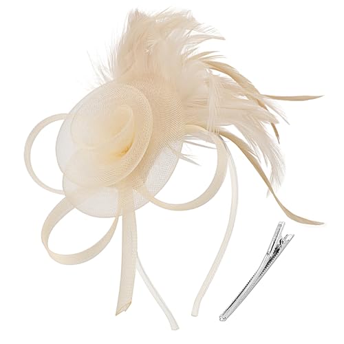 DRESHOW Fascinators Hats for Women Tulle Feather Tea Party Fascinator Hats - color: Beige