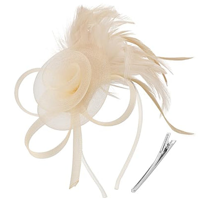 DRESHOW Fascinators Hats for Women Tulle Feather Tea Party Fascinator Hats - color: Beige
