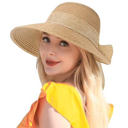 Pleneal Beach Sun Staw Hats for Women, UPF 50+ Foldable Wide Brim Sun Hat - color: Khaki - D
