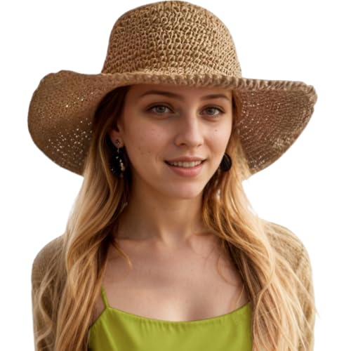 Womens Floppy Straw Sun Hat Packable Wide Brim Summer Beach Hat Foldable Crochet Bucket Hats - color: Khaki 1
