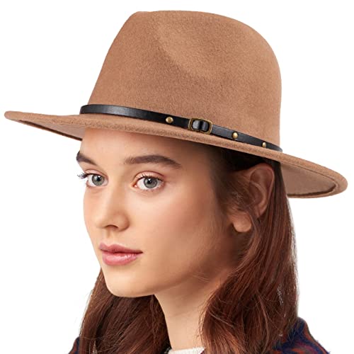 Felt Wide Brim Fedora Hats for Women Men, with Band Belt Buckle, Adjustable - color: 013 Camel