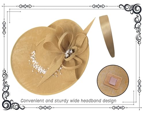 dressfan Vintage Fascinator Hats for Women,Linen Pearl Fascinator for Derby Church Wedding Tea Party - color: Khaki