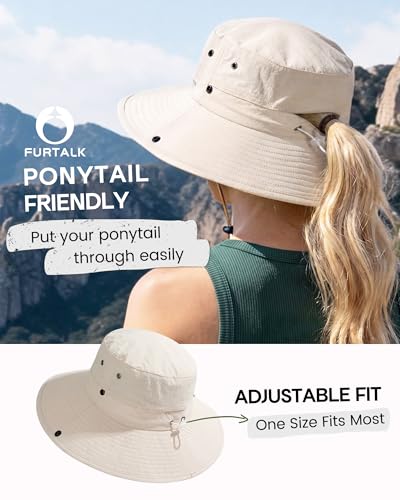 FURTALK Sun Hats for Women Wide Brim Bucket Hat Ponytail Hole Outdoor UPF - color: Beige