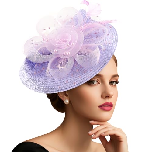 DRESHOW Fascinators Hat Flower Mesh Feathers Hat with a Headband and a Clip 7.9" Tea Party Headwear for Women - color: Folded Style 2: Light Purple / 7.9"