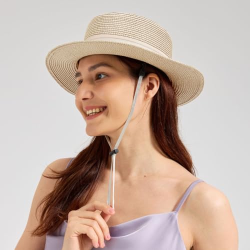 Womens Summer Straw Sun Hat Wide Brim Beach Hat with Wind Lanyard - color: Beige With Beige Band