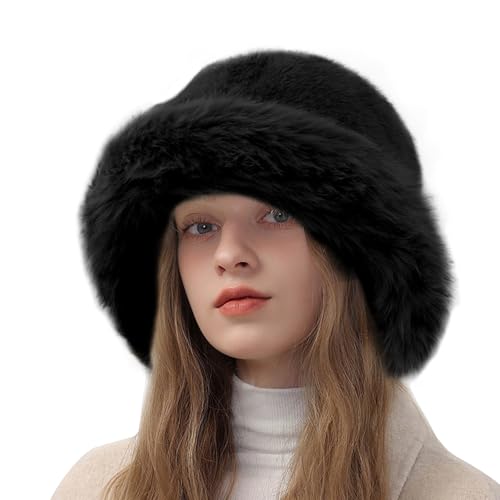 Peicees Winter Bucket Hat for Women Fur Russian Ushanka Ladies Fluffy Snow Hat Fuzzy Fisherman Cap Warm Cute - color: Black