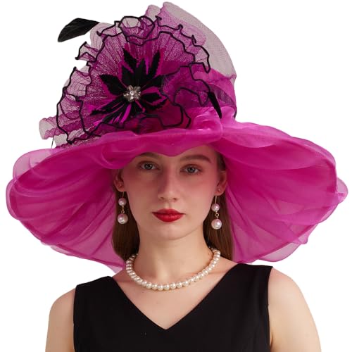 Kentucky Organza Derby Top Hats for Women Sun Visor Cap Ladies Flowers Bride Weeding Fascinators Wide Brim Fedoras - color: Rose 3