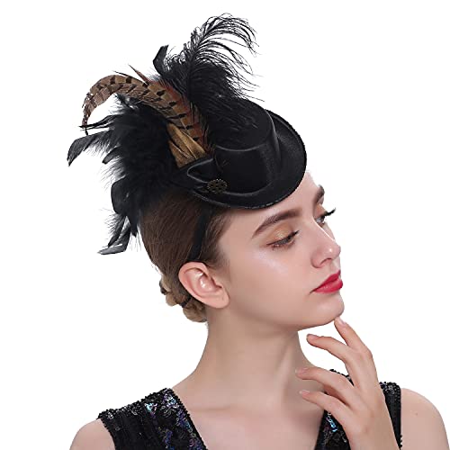 Fascinators Hat for Women Tea Party Headband Mini top Hats Cocktail Flower Mesh Feathers Hair Clip - color: Black-2