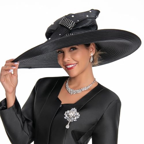 Women's Dramatic Giant Wide Brim Rhinestone Church Hat Statement Turban Fascinator for Wedding Chapel Baptist Sunday - color: 16-black
