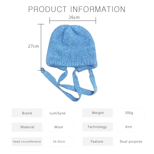 LumiSyne Winter Wool Knitted Hat Adjustable Drawstring Dual Purpose Earflap Hat and Knitted Bag Slouch Beanie Baggy Skull Cap - color: Blue