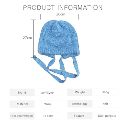 LumiSyne Winter Wool Knitted Hat Adjustable Drawstring Dual Purpose Earflap Hat and Knitted Bag Slouch Beanie Baggy Skull Cap - color: Blue