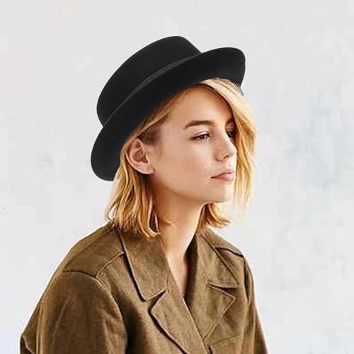 Men's Flat Top Pork Pie Hat - Wool Porkpie Fedora Hats Bowler Hat for Women