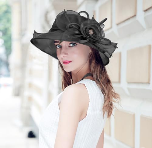 Women's Organza Derby Fascinator Hat Cloche Bowler Hat Cocktail Tea Party Wedding Sun Hat - color: B3-black